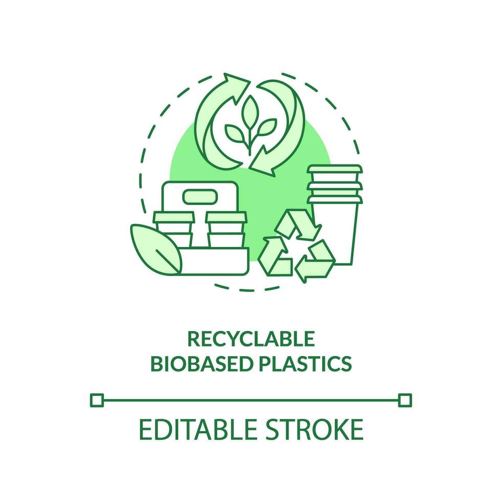 Recyclable biobased plastics green concept icon. Waste management. Biodegradable packaging idea thin line illustration. Isolated outline drawing. Editable stroke vector