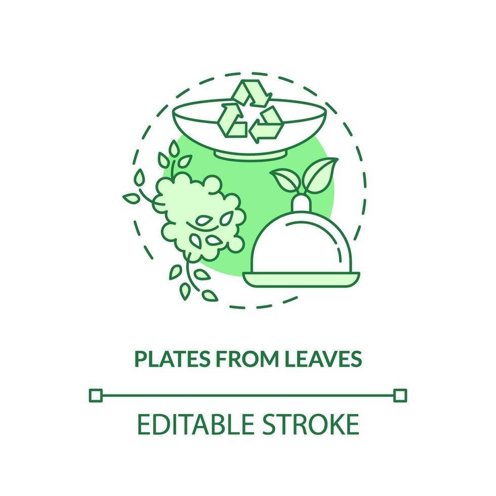 Plates from leaves green concept icon. Recyclable food packaging. Disposable tableware idea thin line illustration. Isolated outline drawing. Editable stroke vector