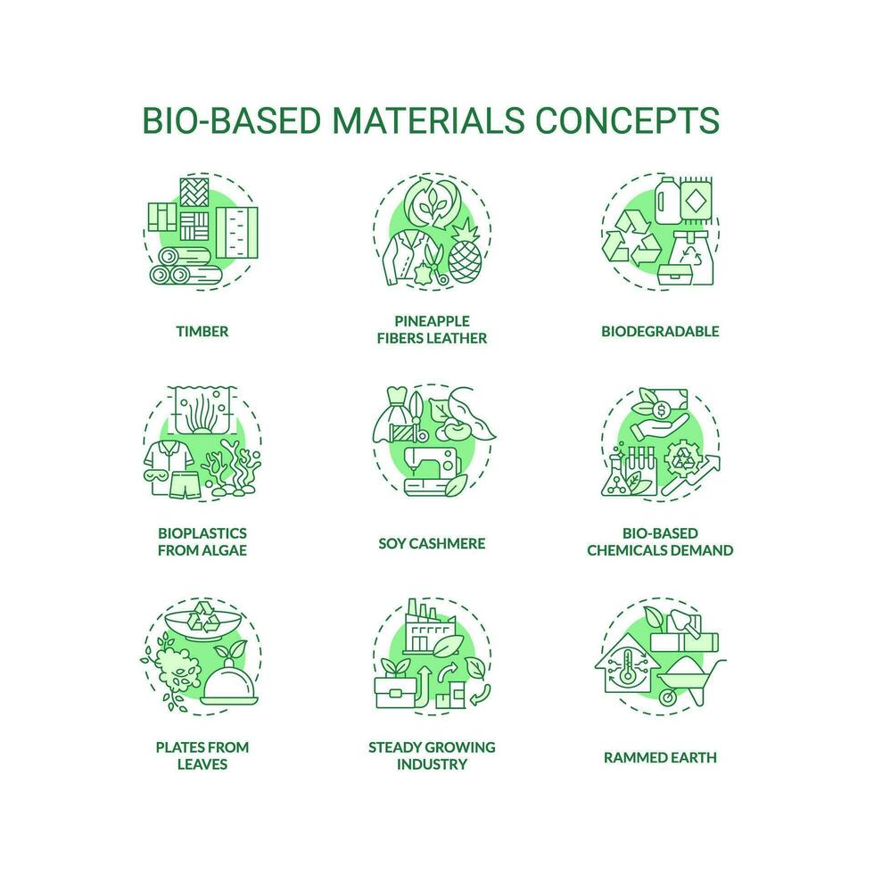 Bio based materials green concept icons set. Eco friendly. Biodegradable products idea thin line color illustrations. Isolated symbols. Editable stroke vector