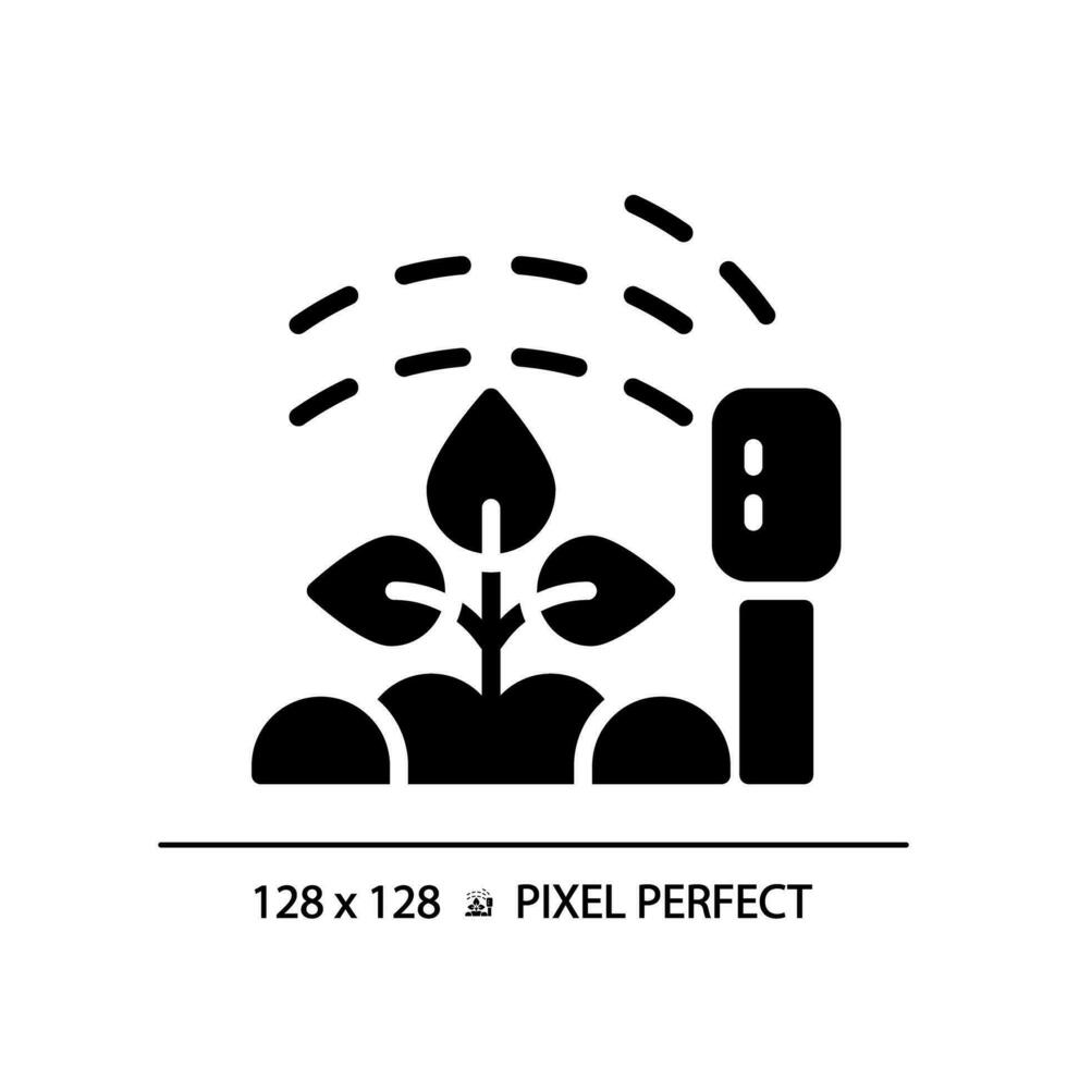 Watering black glyph icon. Smart irrigation. Sprinkler system. Garden device. Soil moisture. Growing plants. Silhouette symbol on white space. Solid pictogram. Vector isolated illustration