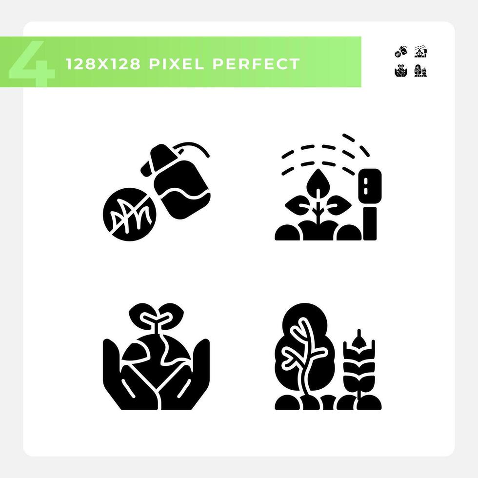 Gardening black glyph icons set on white space. Growing healthy plants. Regenerative agriculture. Farming techniques. Silhouette symbols. Solid pictogram pack. Vector isolated illustration