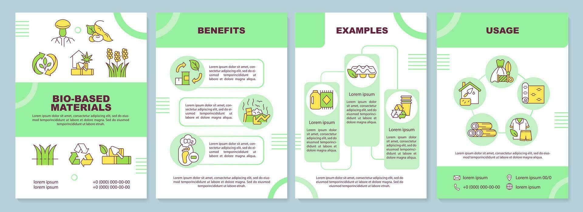 Bio based materials green brochure template. Biobased products. Leaflet design with linear icons. Editable 4 vector layouts for presentation, annual reports