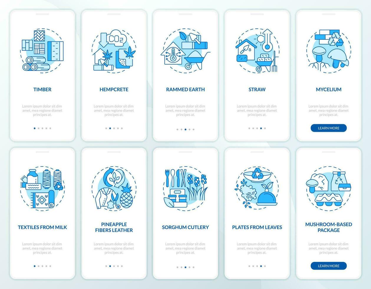 Bio based materials blue onboarding mobile app screen set. Bioproducts walkthrough 5 steps editable graphic instructions with linear concepts. UI, UX, GUI templated vector