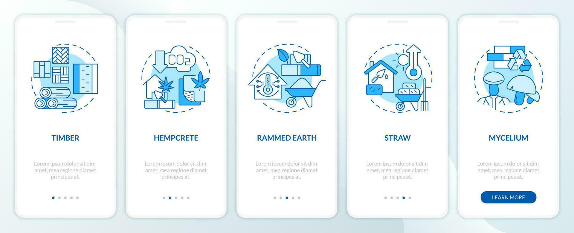 Bio based building materials blue onboarding mobile app screen. Walkthrough 5 steps editable graphic instructions with linear concepts. UI, UX, GUI templated vector