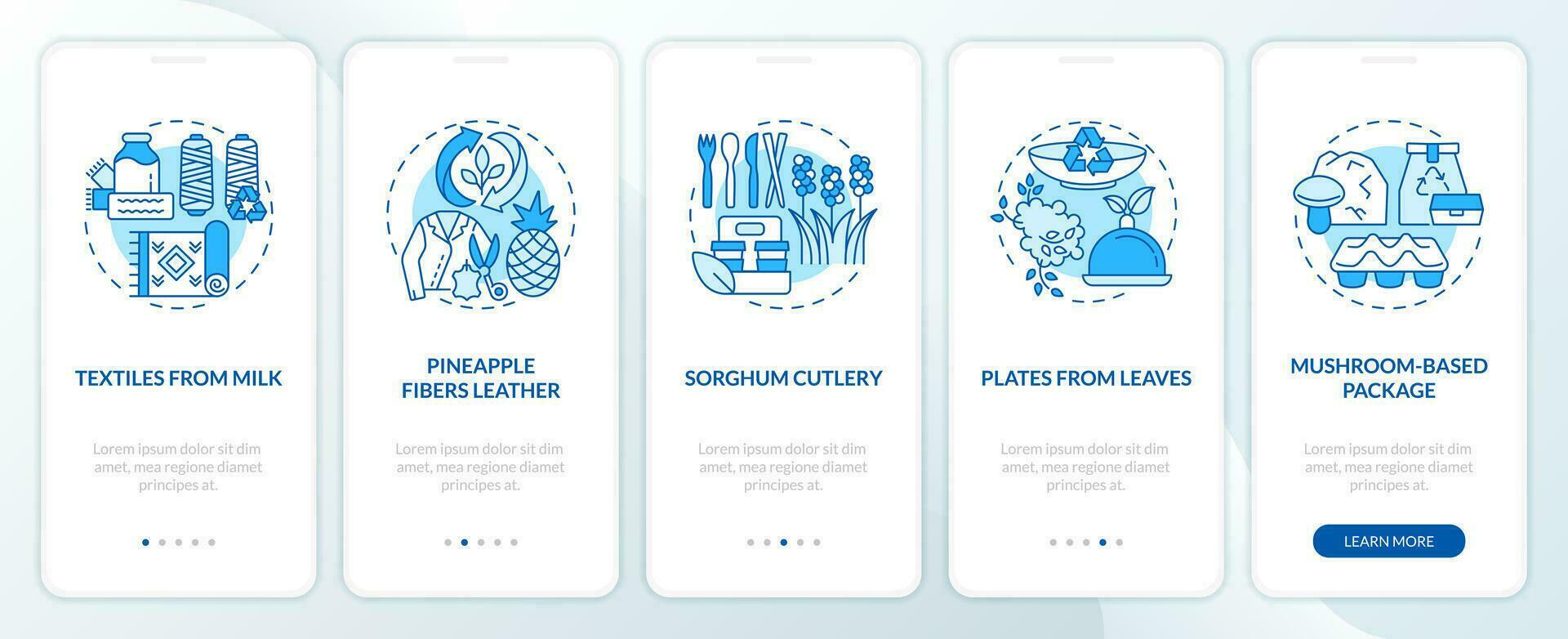 Bio based materials examples blue onboarding mobile app screen. Walkthrough 5 steps editable graphic instructions with linear concepts. UI, UX, GUI templated vector