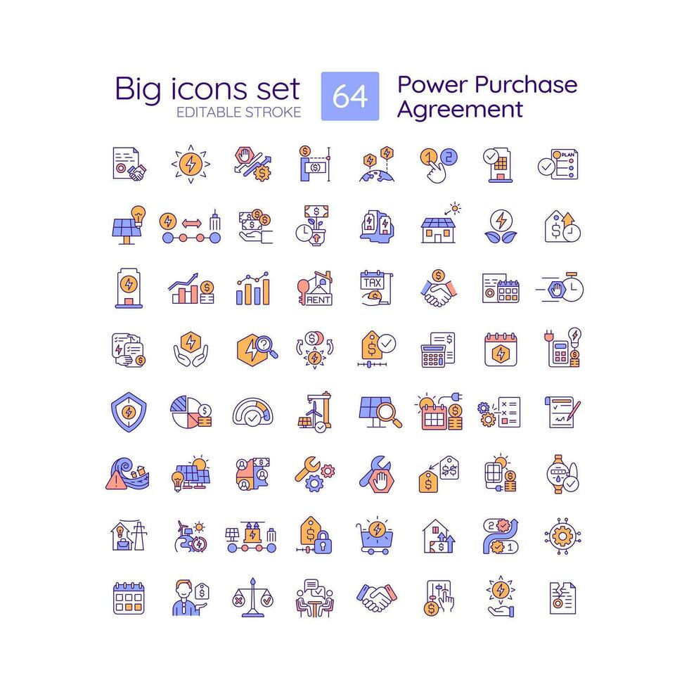 Power purchase agreement RGB color icons set. Alternative energy generation. Electricity supply. Isolated vector illustrations. Simple filled line drawings collection. Editable stroke