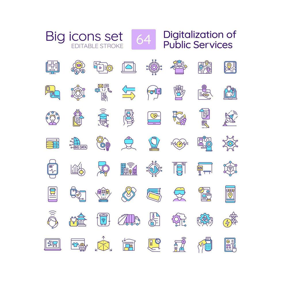 Digitalization of public services RGB color icons set. Provide services online. Digital transformation. Isolated vector illustrations. Simple filled line drawings collection. Editable stroke