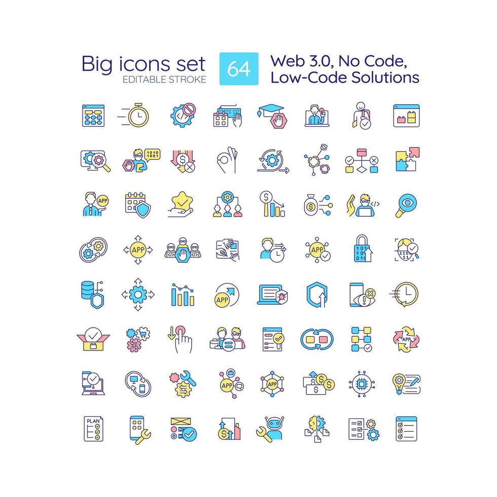 Low-code solutions RGB color icons set. No code tools. Web 3.0. Application development platform. Isolated vector illustrations. Simple filled line drawings collection. Editable stroke