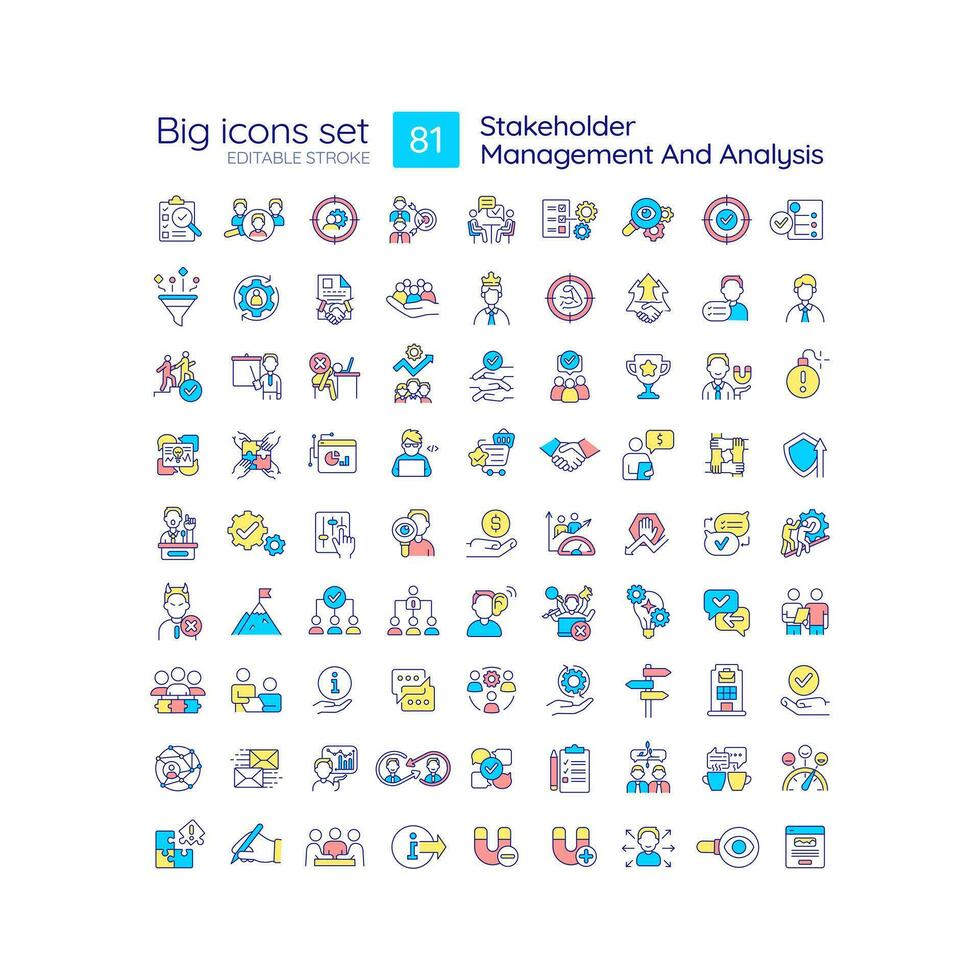 Stakeholder management and analysis RGB color icons set. Business strategy and planning. Assessment isolated vector illustrations. Simple filled line drawings collection. Editable stroke