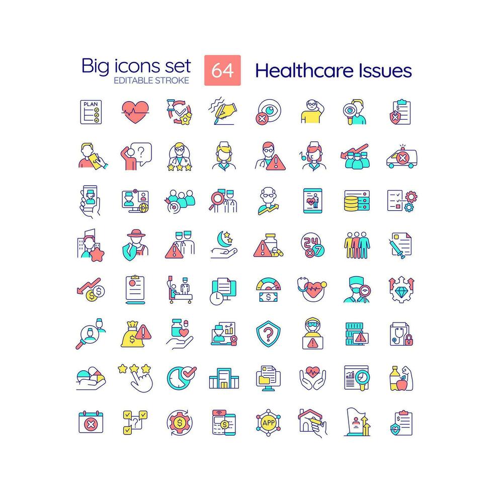 Healthcare issues RGB color icons set. Medical error and negligence. Healthcare clinic. Treatment challenge. Isolated vector illustrations. Simple filled line drawings collection. Editable stroke