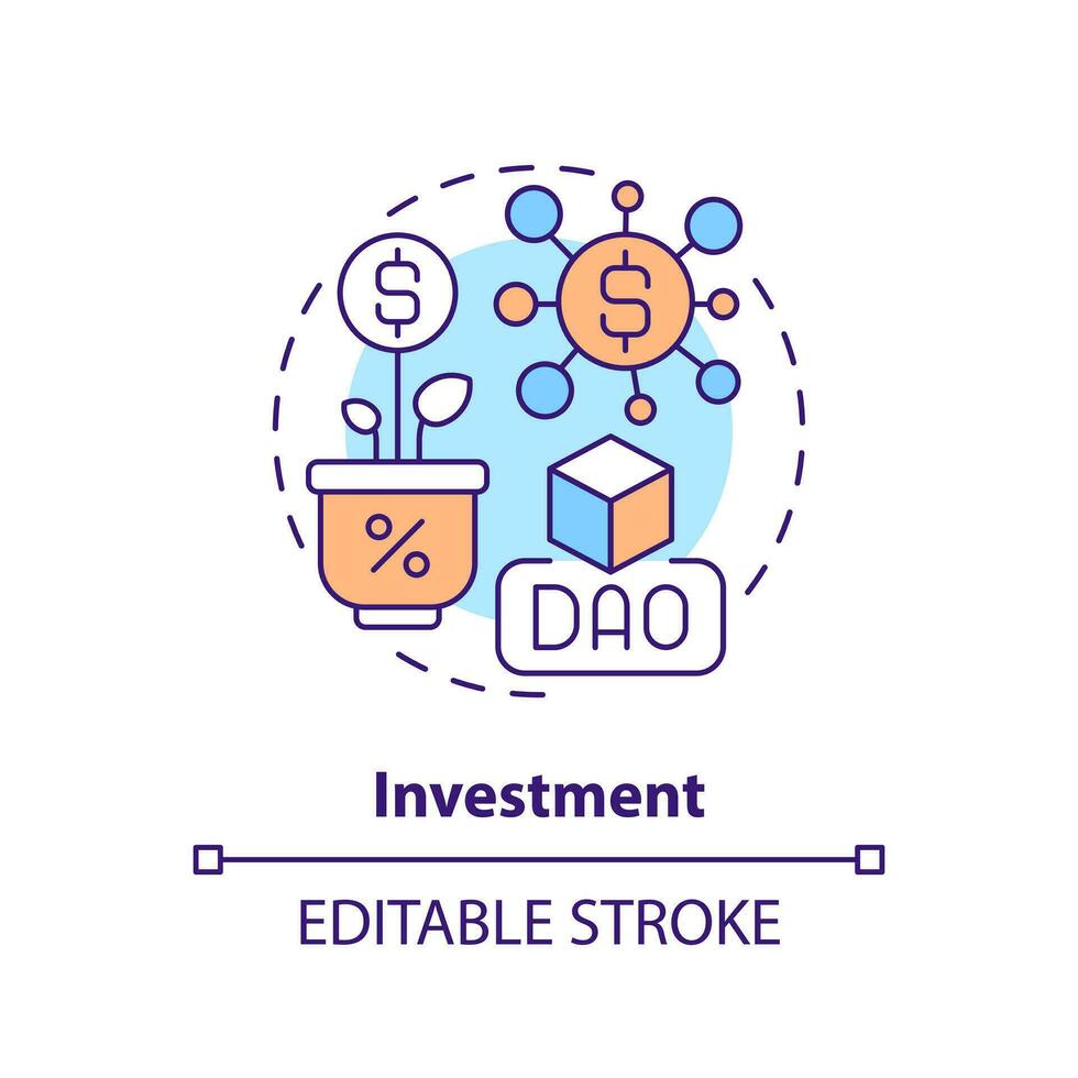 Investment concept icon. Rise money on blockchain. DAO usage purpose abstract idea thin line illustration. Isolated outline drawing. Editable stroke vector