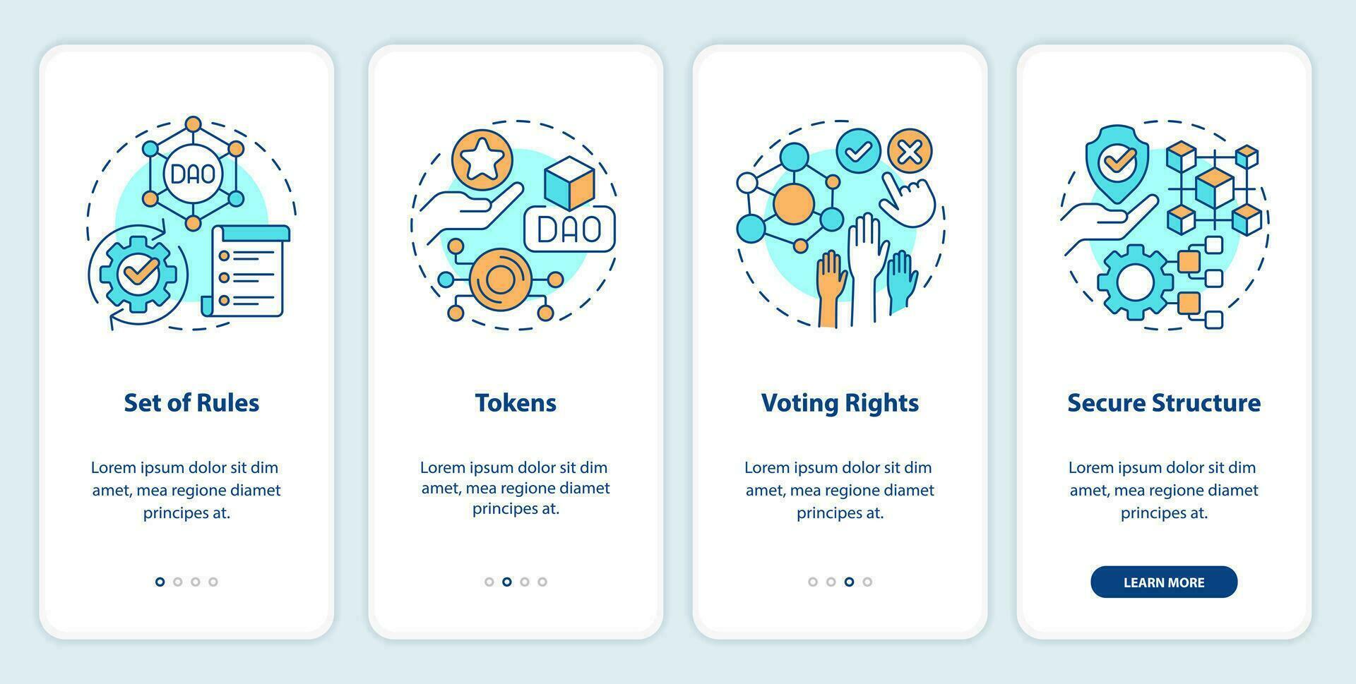 DAO elements onboarding mobile app screen. Digital network walkthrough 4 steps editable graphic instructions with linear concepts. UI, UX, GUI templated vector