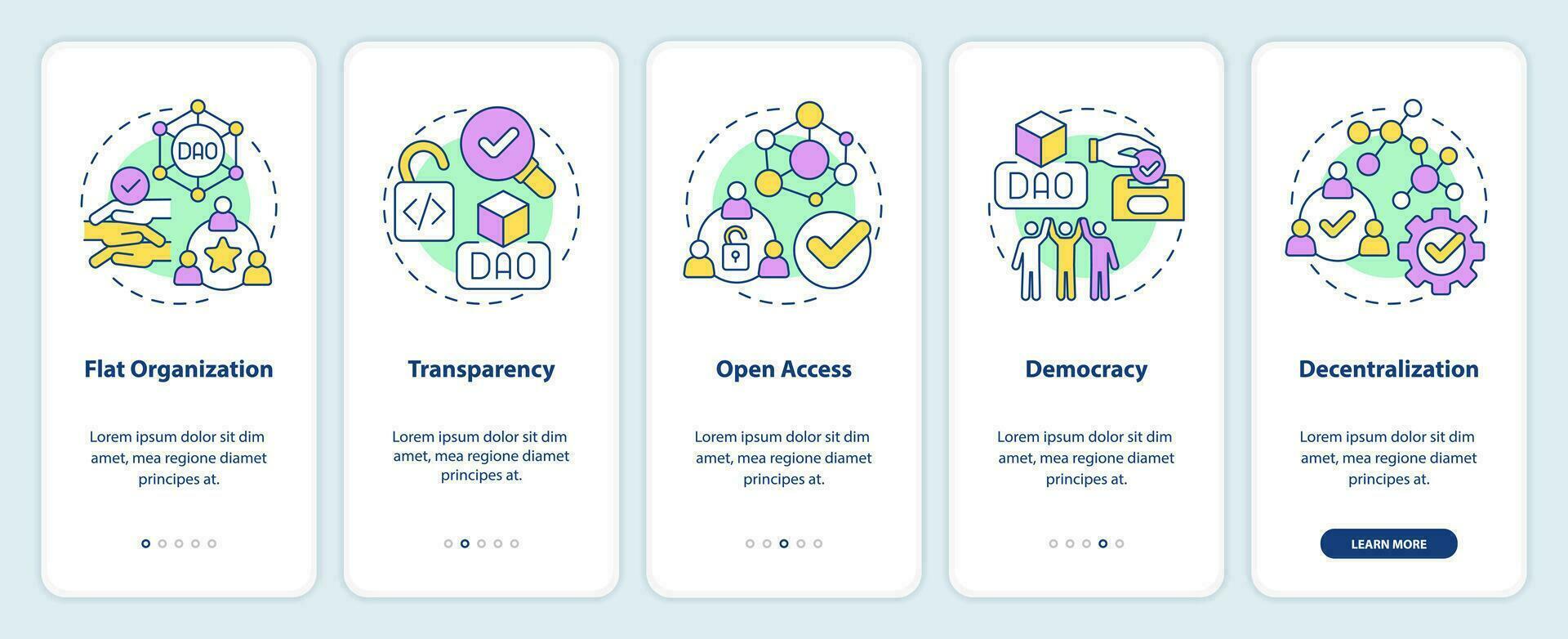 dao caracteristicas inducción móvil aplicación pantalla. descentralización recorrido 5 5 pasos editable gráfico instrucciones con lineal conceptos. ui, ux, gui plantilla vector