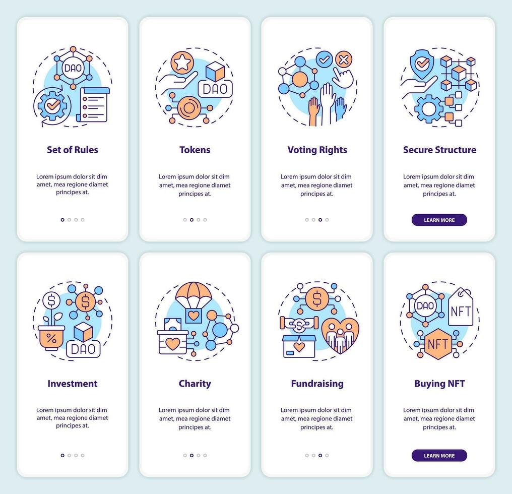 DAO elements and usage purpose onboarding mobile app screens set. Walkthrough 4 steps editable graphic instructions with linear concepts. UI, UX, GUI templated vector