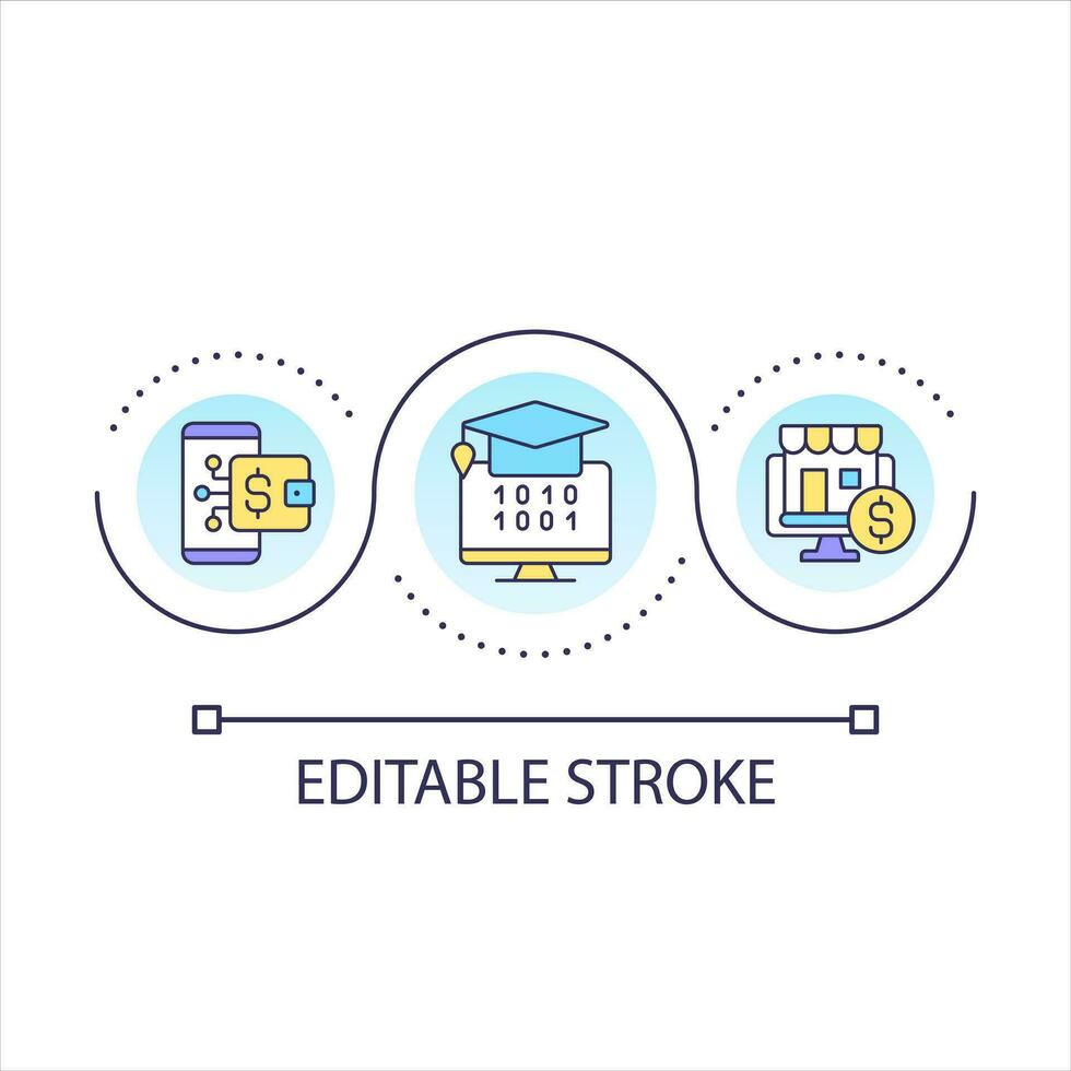 Digitization of industries loop concept icon. Innovations in banking, education and commerce abstract idea thin line illustration. Isolated outline drawing. Editable stroke vector