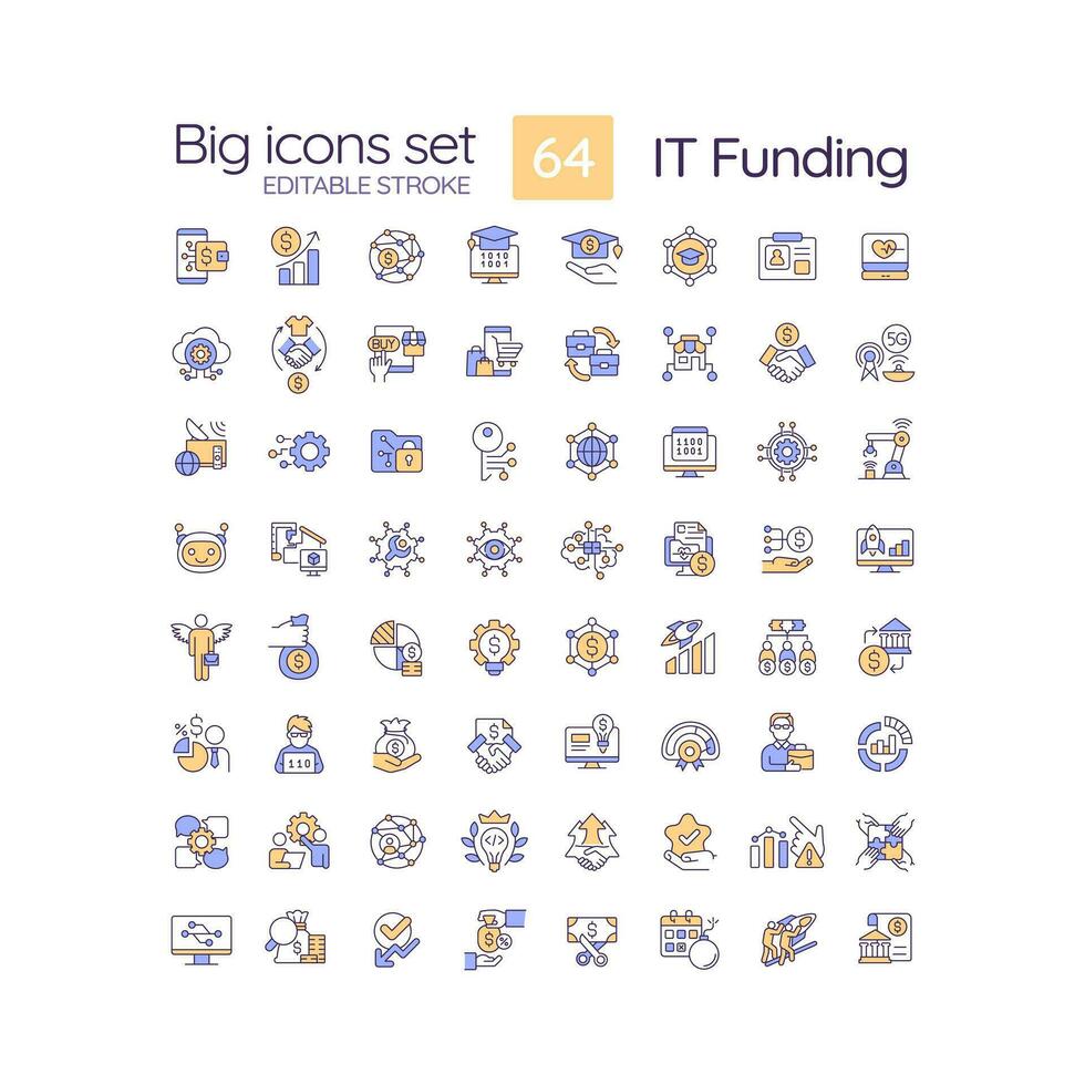 IT funding RGB color icons set. Investment in software development. Financial resources of tech development. Isolated vector illustrations. Simple filled line drawings collection. Editable stroke