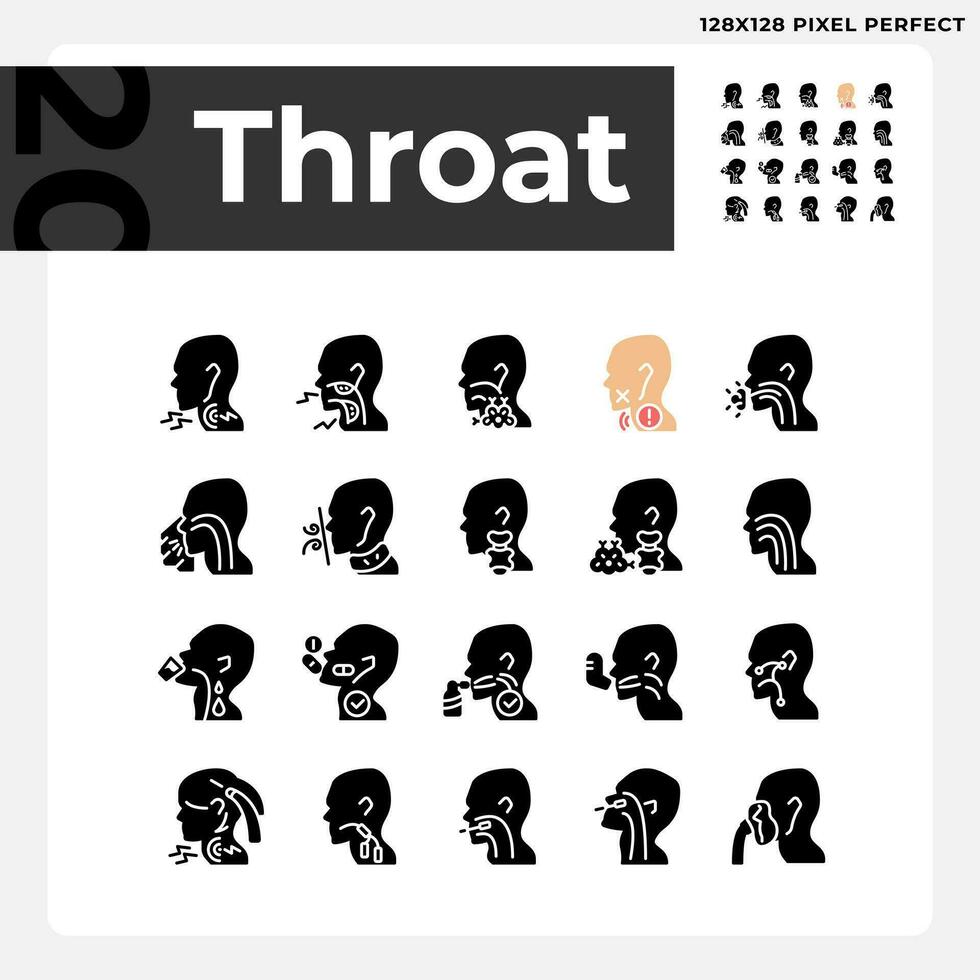 Throat black glyph icons set on white space. Diseases diagnosis and treatment. Awareness about sickness causes. Silhouette symbols. Solid pictogram pack. Vector isolated illustration