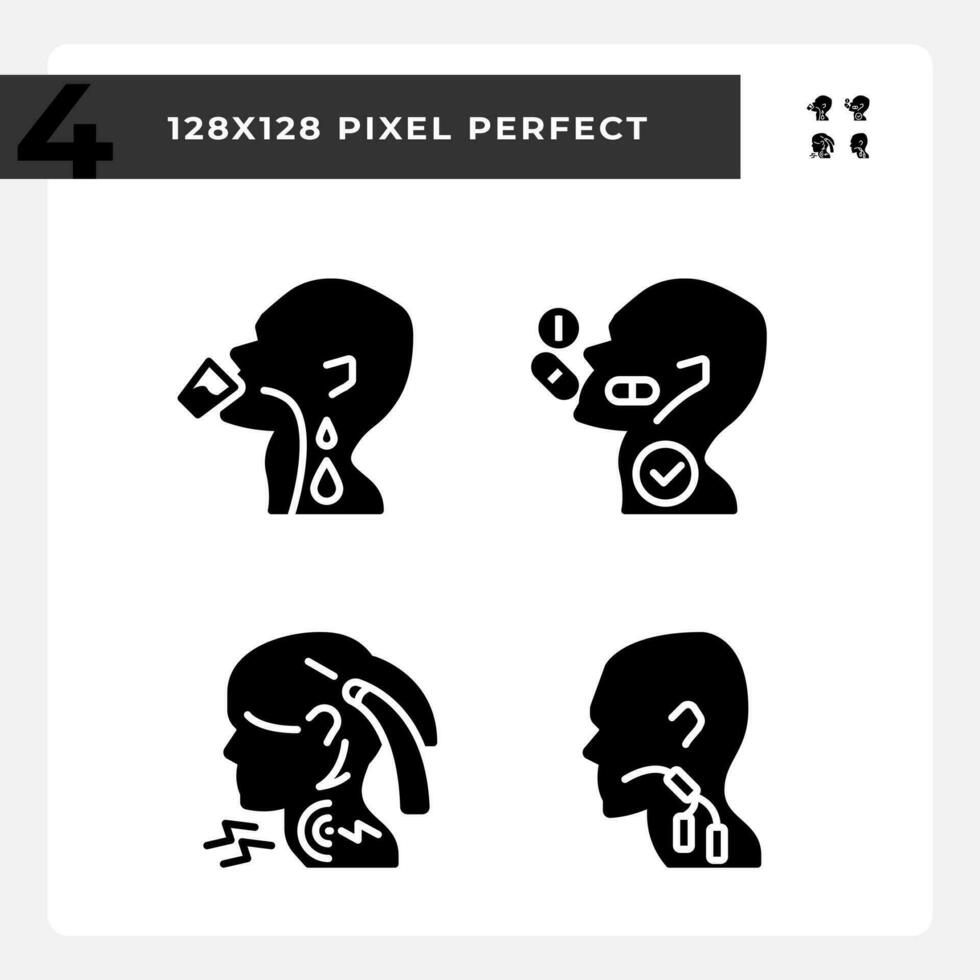 Throat sickness black glyph icons set on white space. Children and adults diseases treatment. Healthcare materials. Silhouette symbols. Solid pictogram pack. Vector isolated illustration