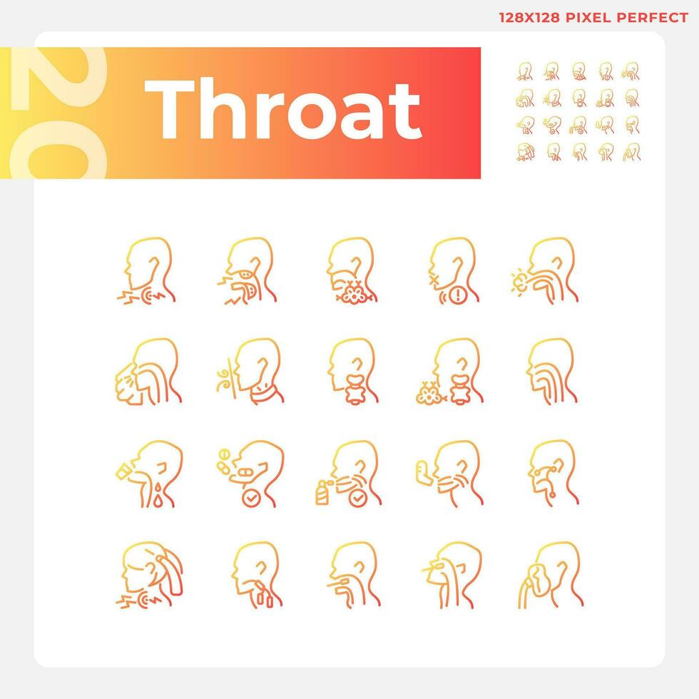 Throat pixel perfect gradient linear vector icons set. Diseases diagnosis and treatment. Awareness about sickness. Thin line contour symbol designs bundle. Isolated outline illustrations collection