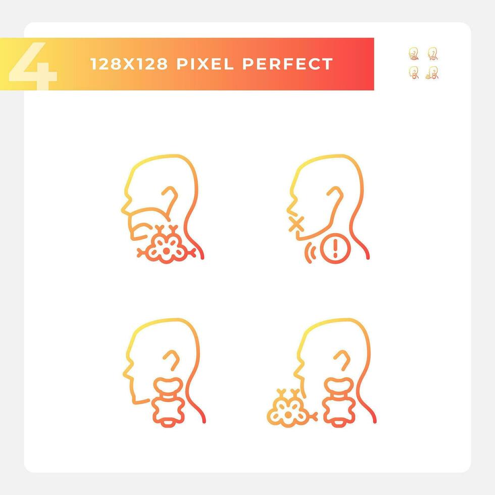 Problem with throat cure pixel perfect gradient linear vector icons set. Healthcare for patients. Gullet diagnostics. Thin line contour symbol designs bundle. Isolated outline illustrations collection