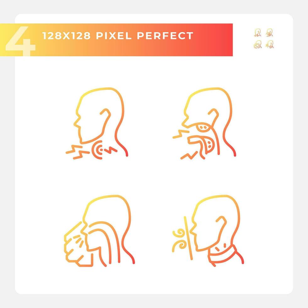 Throat diseases types pixel perfect gradient linear vector icons set. Early diagnostics of dangerous problem. Thin line contour symbol designs bundle. Isolated outline illustrations collection