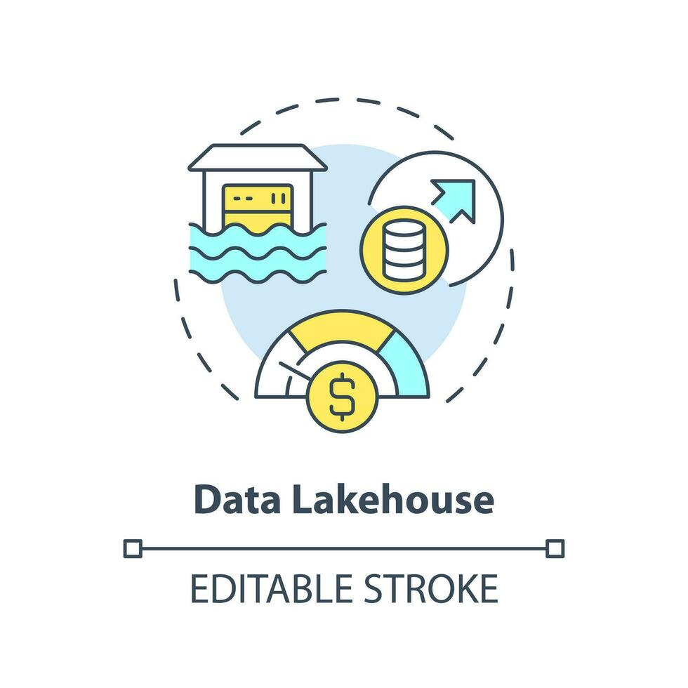 Data lakehouse concept icon. Lake and warehouse combination. Data repository abstract idea thin line illustration. Isolated outline drawing. Editable stroke vector