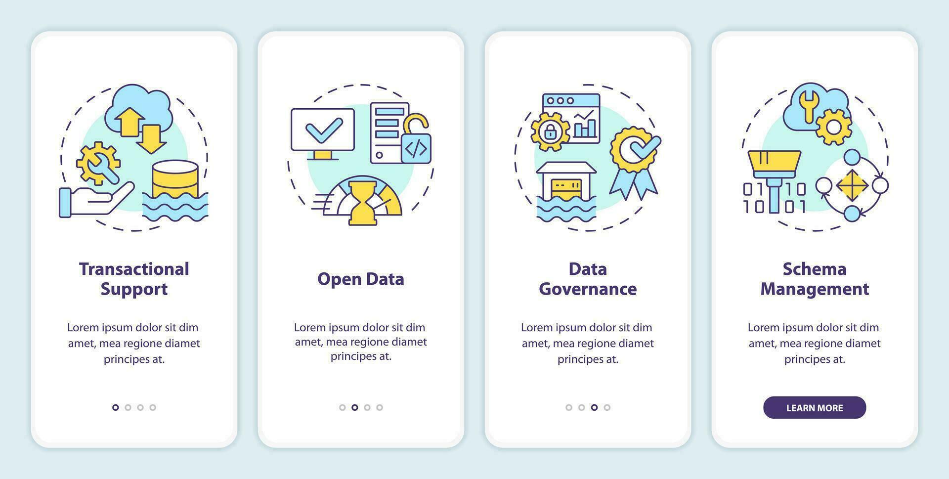 Data lakehouse onboarding mobile app screen. Repository architecture walkthrough 4 steps editable graphic instructions with linear concepts. UI, UX, GUI templated vector