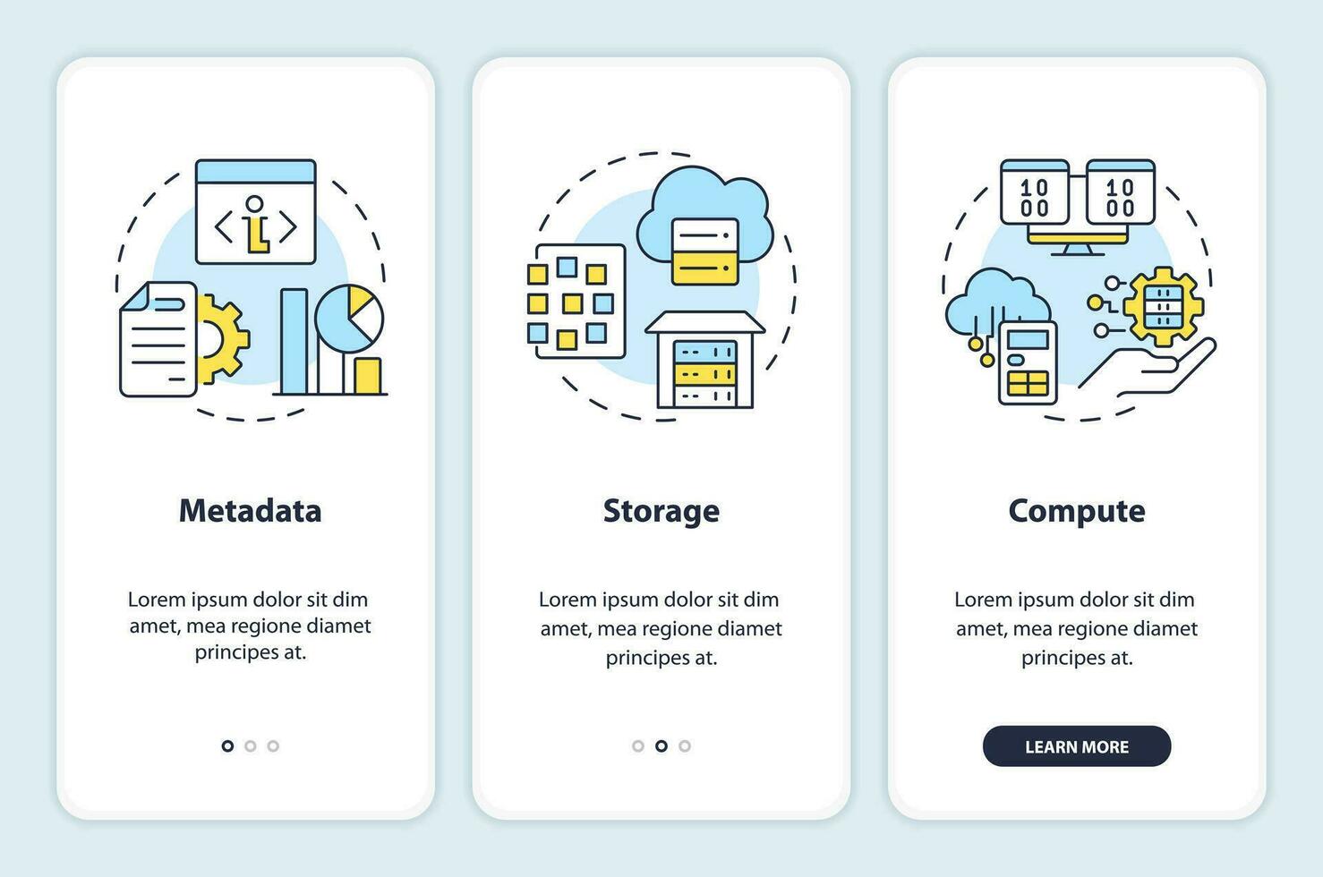 Data lake and warehouse onboarding mobile app screen. Differences walkthrough 3 steps editable graphic instructions with linear concepts. UI, UX, GUI templated vector