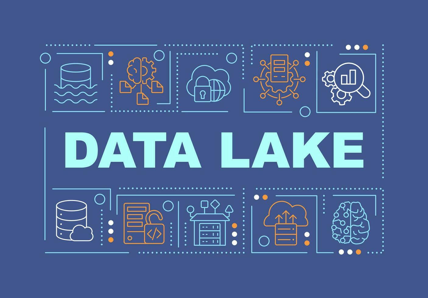 Data lake word concepts dark blue banner. Digital storage. Analytics. Infographics with editable icons on color background. Isolated typography. Vector illustration with text