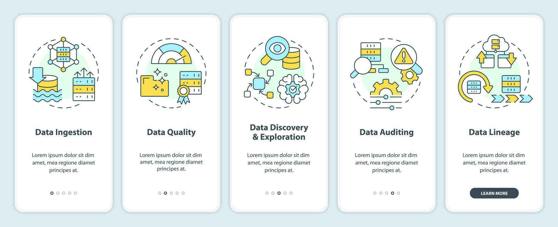 Data lake key concepts onboarding mobile app screen. Walkthrough 5 steps editable graphic instructions with linear concepts. UI, UX, GUI templated vector