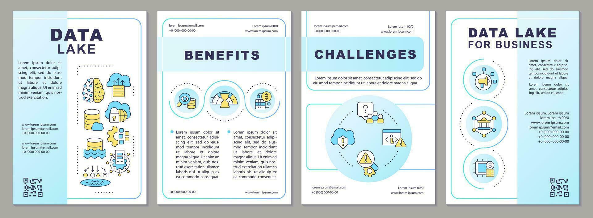 Data lake blue brochure template. Benefits and challenges. Leaflet design with linear icons. Editable 4 vector layouts for presentation, annual reports