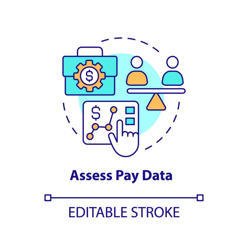 Assess pay data concept icon. Making DEI efforts effective practice abstract idea thin line illustration. Isolated outline drawing. Editable stroke vector