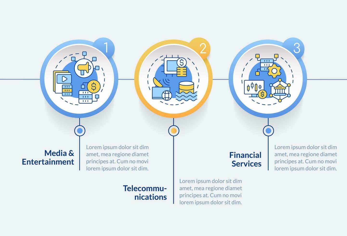 Data lake use cases circle infographic template. Industries. Data visualization with 3 steps. Editable timeline info chart. Workflow layout with line icons vector