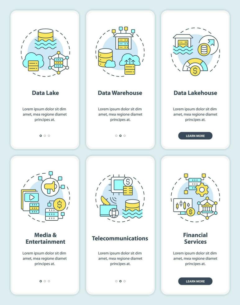 Data lake onboarding mobile app screens. Storage usage walkthrough 3 steps editable graphic instructions with linear concepts. UI, UX, GUI templated vector