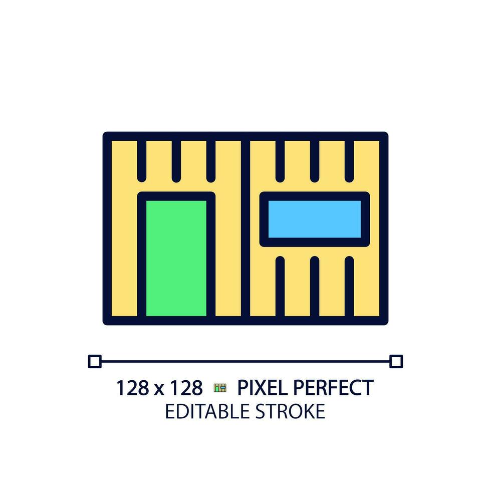 Container house pixel perfect RGB color icon. Affordable property. Eco-friendly housing. Recycled shipping container. Isolated vector illustration. Simple filled line drawing. Editable stroke