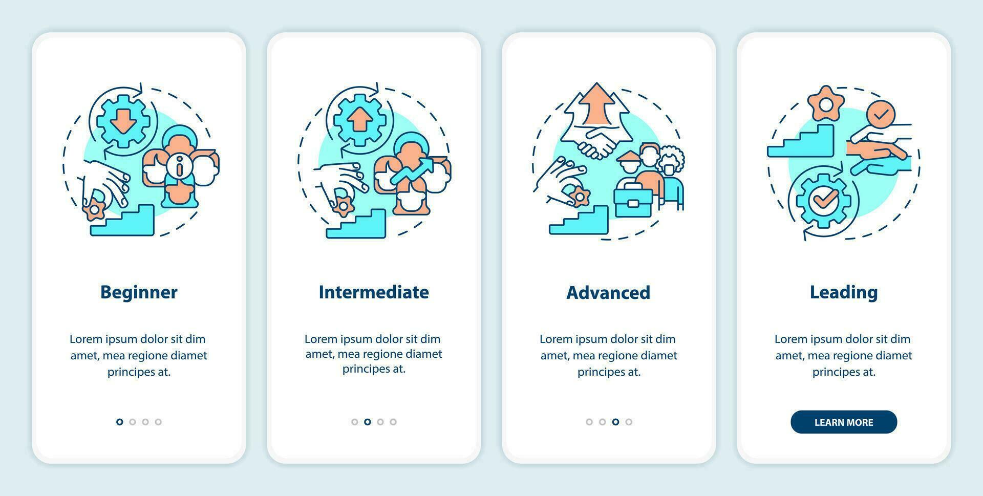DEI program maturity stages onboarding mobile app screen. Tolerance walkthrough 4 steps editable graphic instructions with linear concepts. UI, UX, GUI template vector