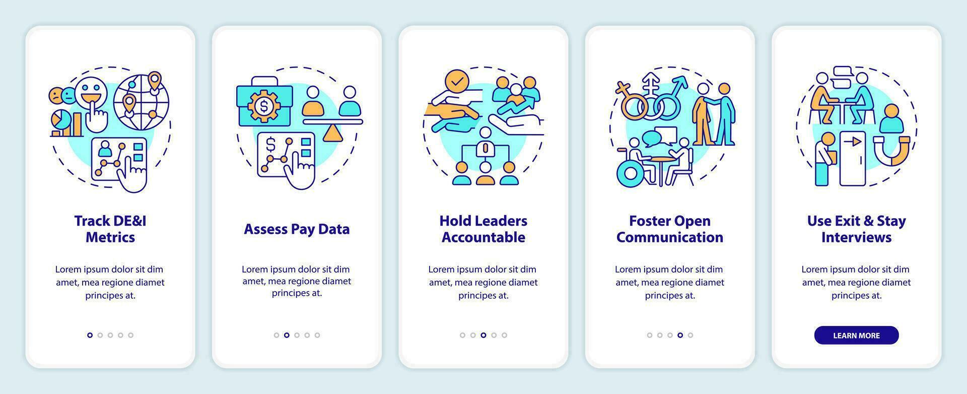 Making DEI efforts effective practices onboarding mobile app screen. Walkthrough 5 steps editable graphic instructions with linear concepts. UI, UX, GUI template vector