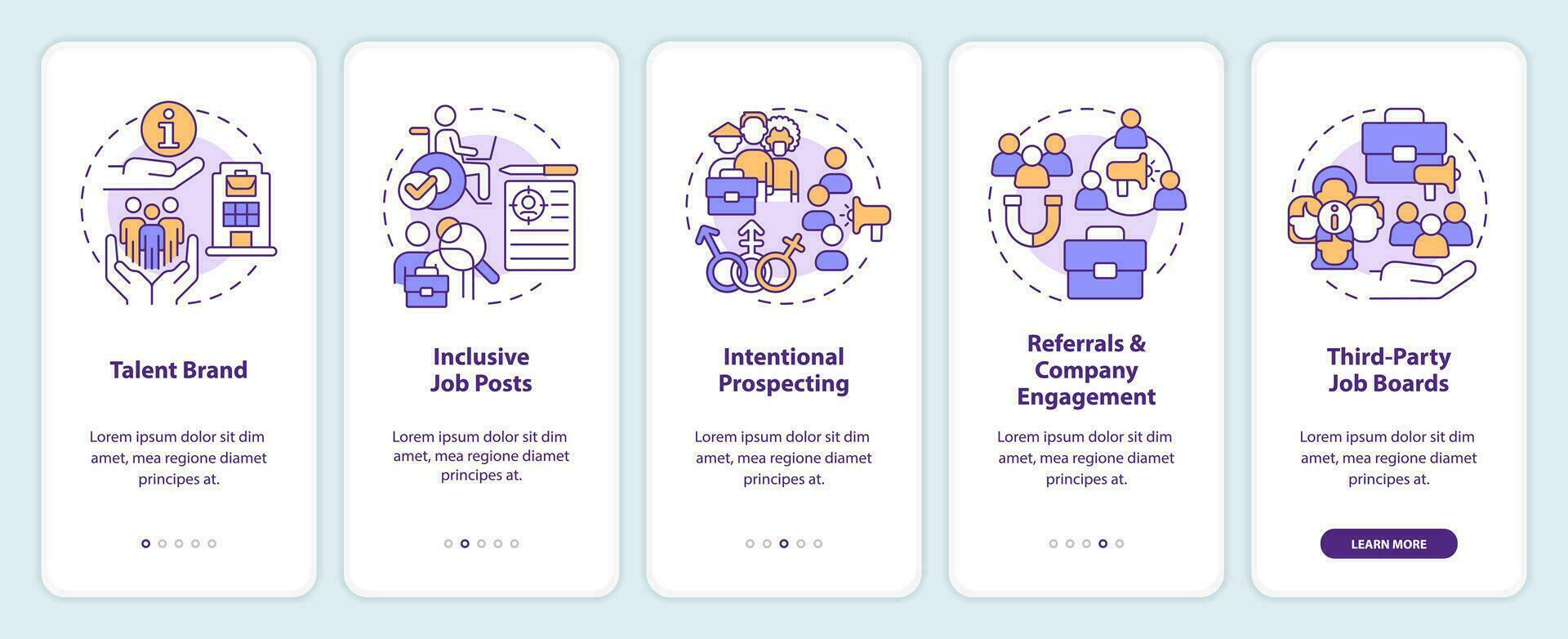 Diversifying pipeline of candidates onboarding mobile app screen. Walkthrough 5 steps editable graphic instructions with linear concepts. UI, UX, GUI template vector