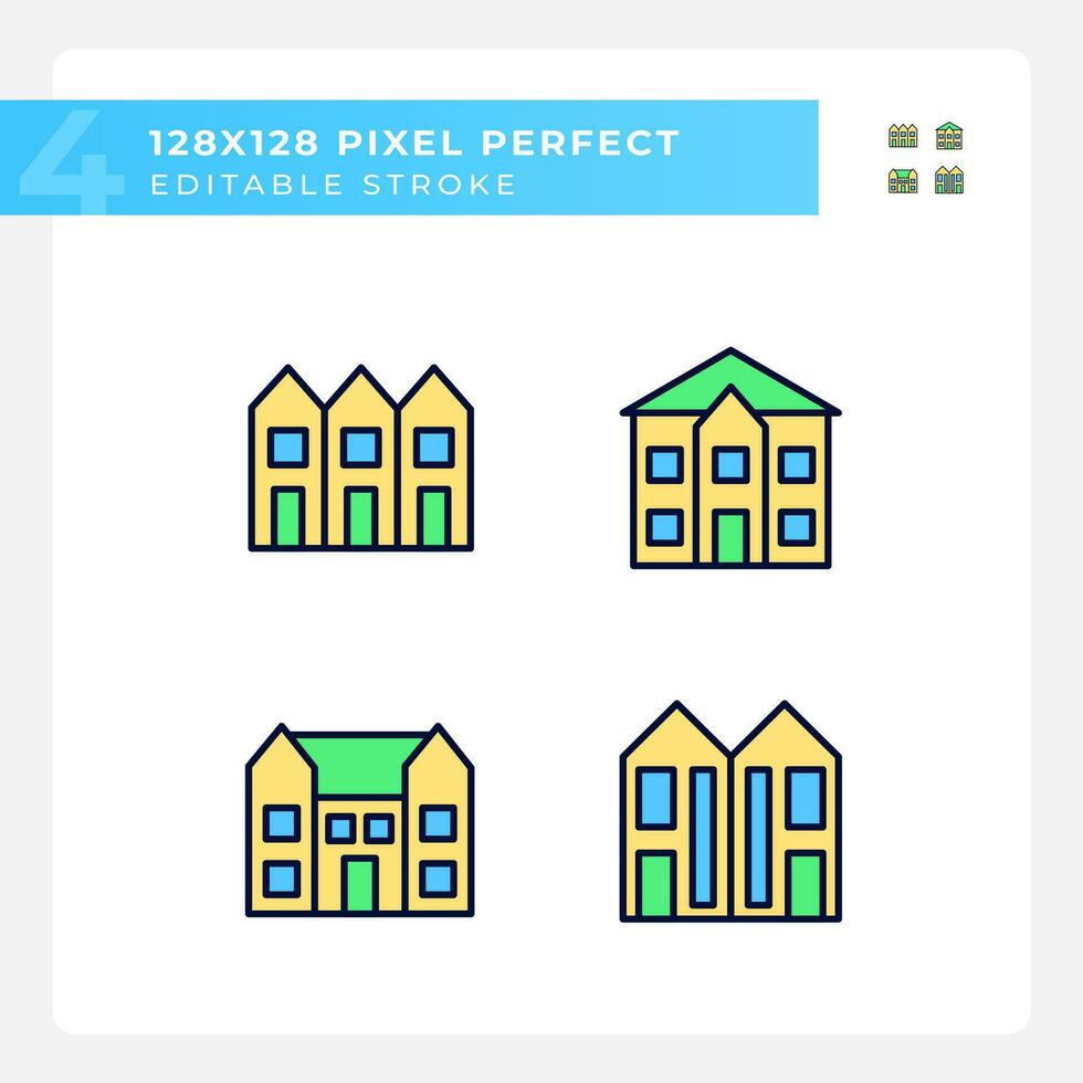 Luxury houses pixel perfect RGB color icons set. Townhouse and mansion. Single family detached home. Isolated vector illustrations. Simple filled line drawings collection. Editable stroke