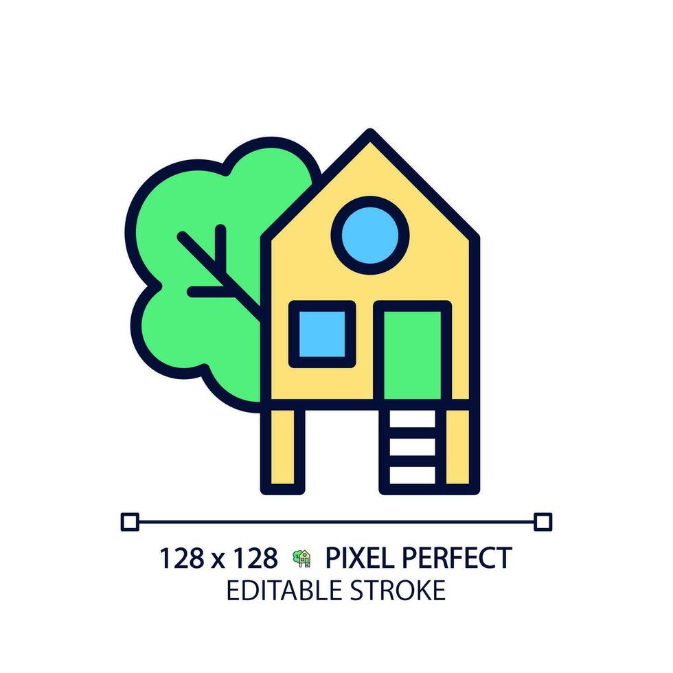 Treehouse pixel perfect RGB color icon. Building constructed on tree. Forest house for recreation. Real estate. Home for kid. Isolated vector illustration. Simple filled line drawing. Editable stroke