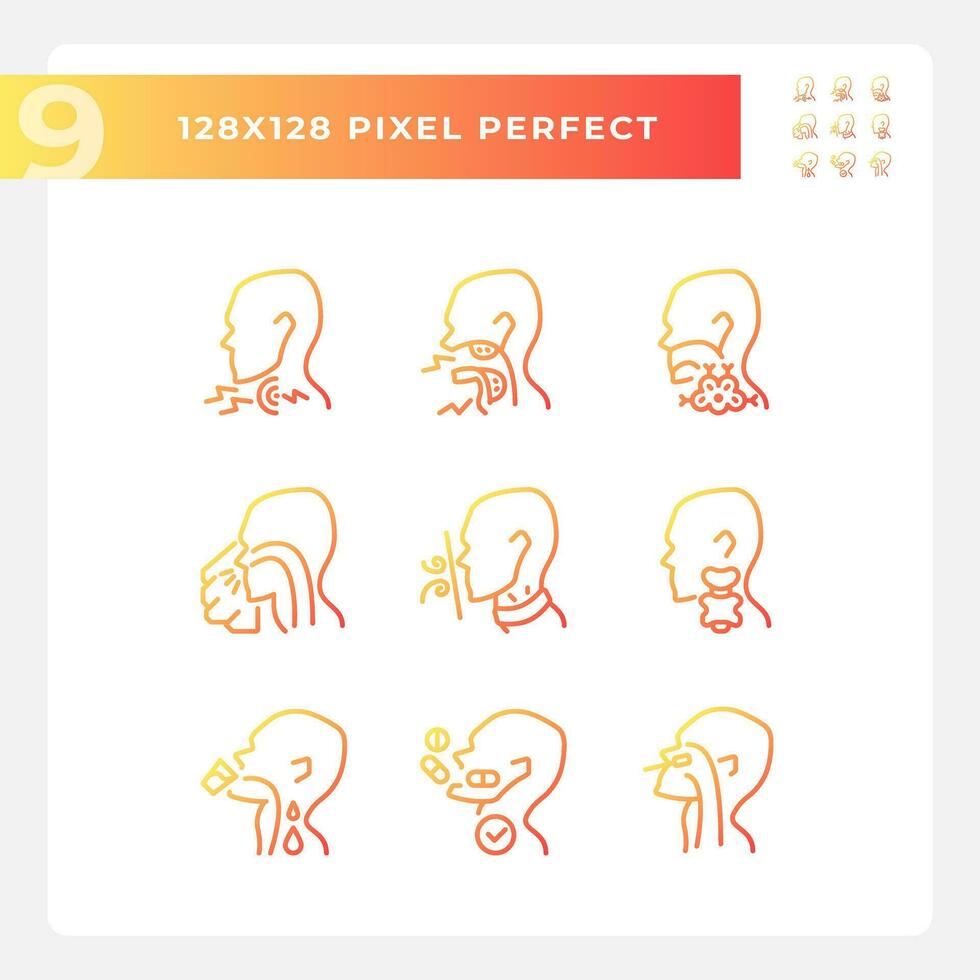 Throat diseases pixel perfect gradient linear vector icons set. Types of dangerous medical problems. Thin line contour symbol designs bundle. Isolated outline illustrations collection