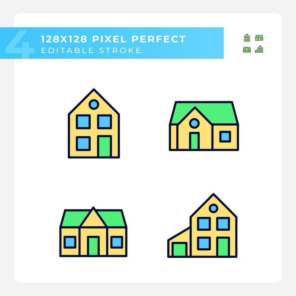 Single family houses pixel perfect RGB color icons set. Affordable property. Two storey home. Real estate agency. Isolated vector illustrations. Simple filled line drawings collection. Editable stroke