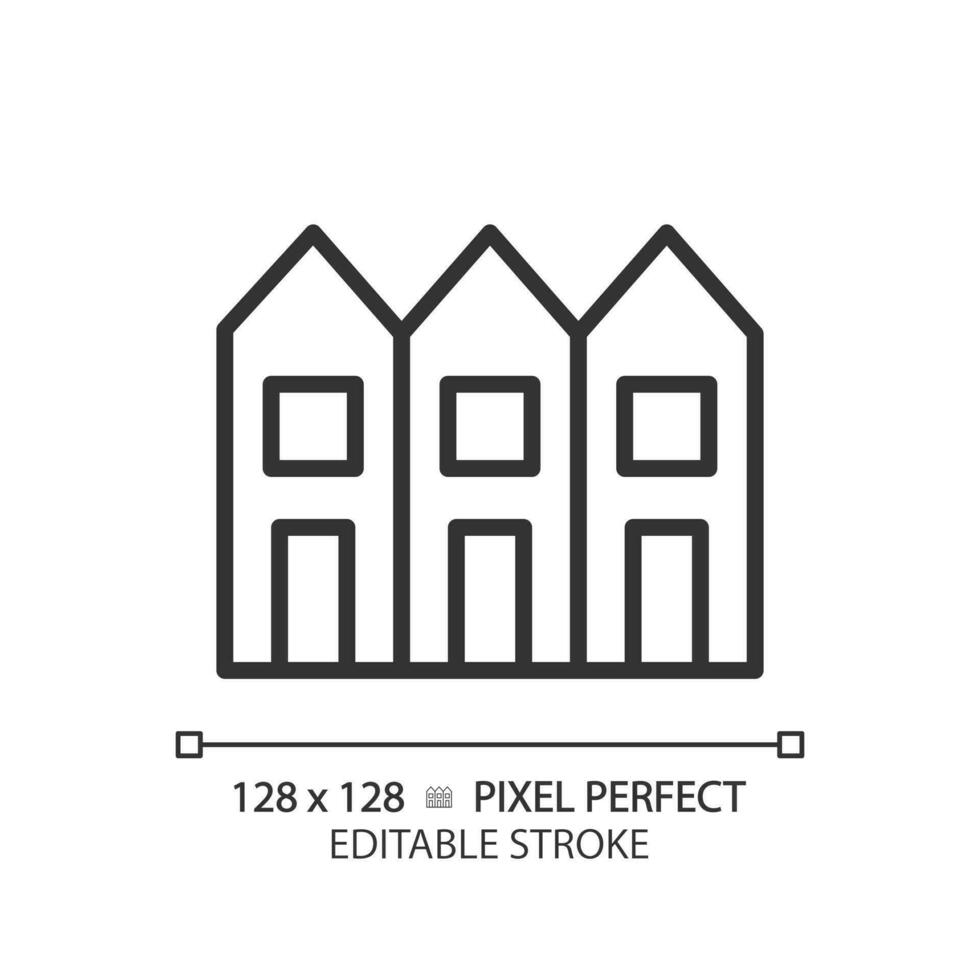 Townhouse pixel perfect linear icon. Multiple floor houses in row. Luxury property. Real estate. City rowhouse. Thin line illustration. Contour symbol. Vector outline drawing. Editable stroke