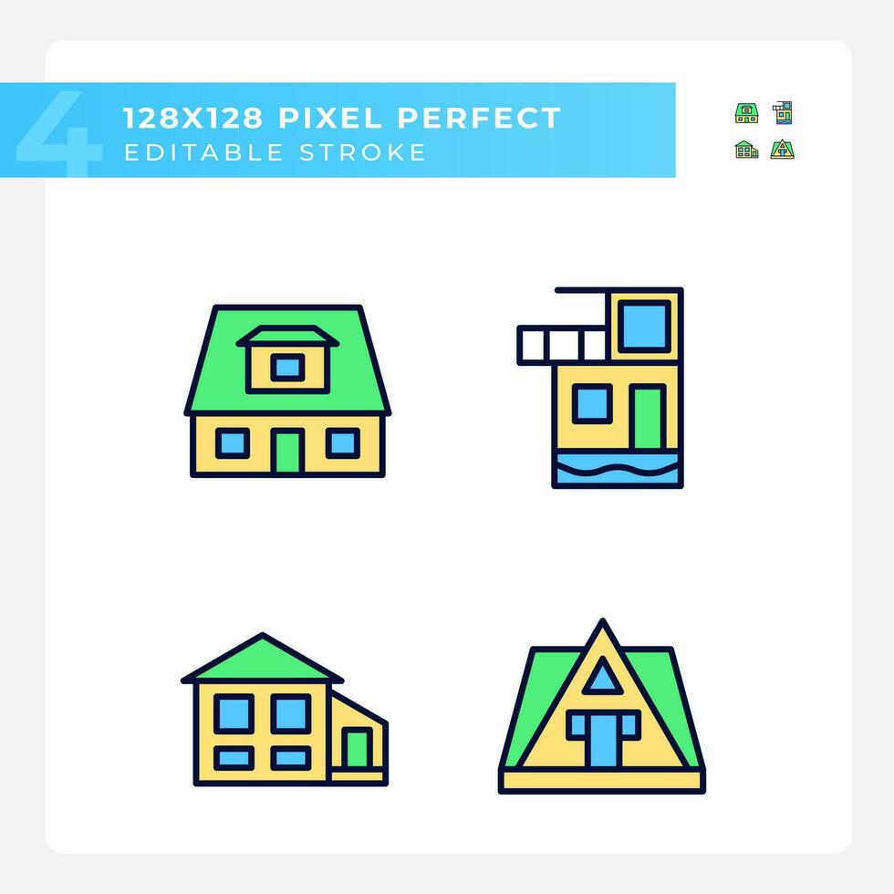 Vacation property pixel perfect RGB color icons set. Bungalow rent. Summer holiday villa. Real estate purchase. Isolated vector illustrations. Simple filled line drawings collection. Editable stroke