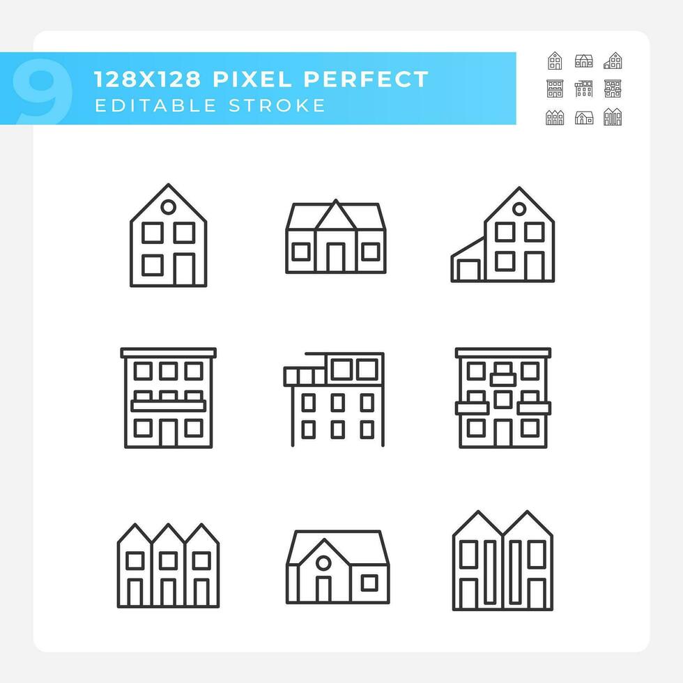 Property purchase pixel perfect linear icons set. Real estate agency. Apartments and houses. Luxury property. Customizable thin line symbols. Isolated vector outline illustrations. Editable stroke