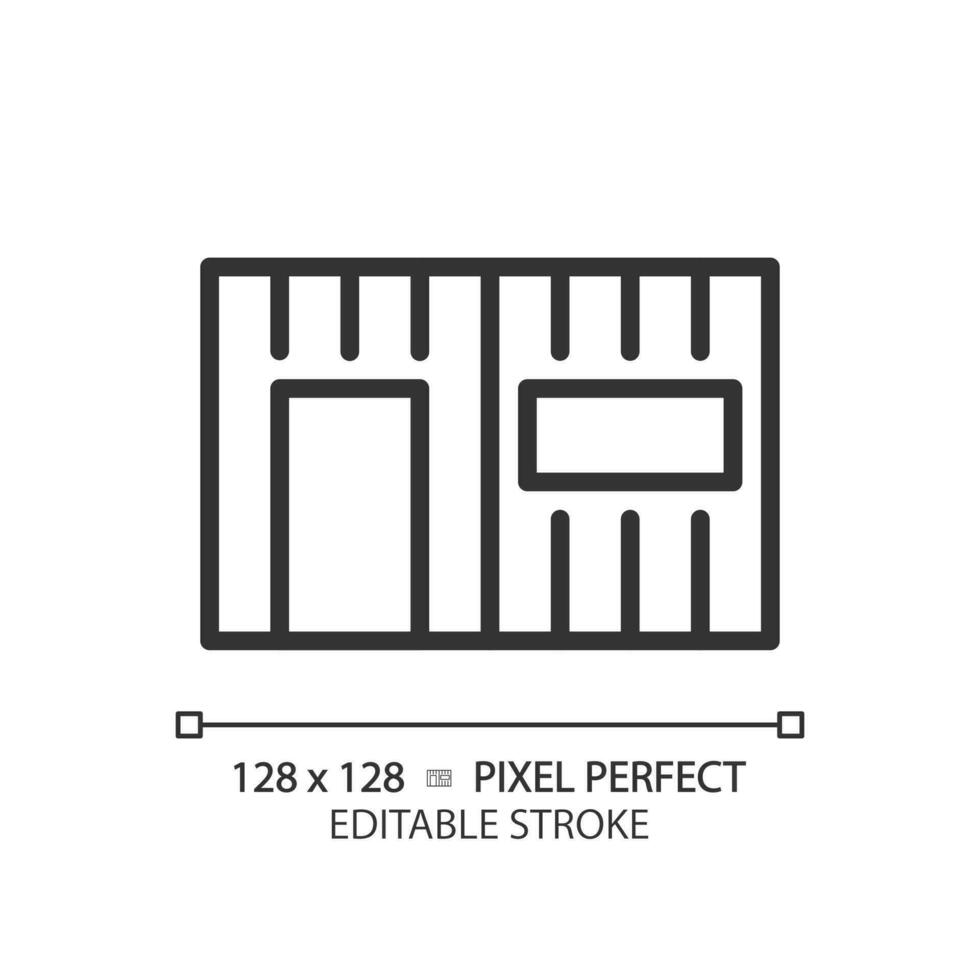 Container house pixel perfect linear icon. Affordable property. Eco-friendly housing. Recycled shipping container. Thin line illustration. Contour symbol. Vector outline drawing. Editable stroke