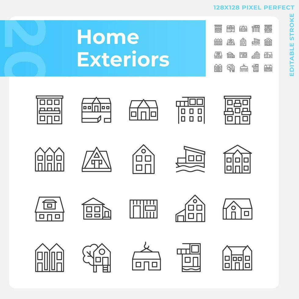 Home exteriors pixel perfect linear icons set. Real estate agency. Buying property. Detached house, mansion. Customizable thin line symbols. Isolated vector outline illustrations. Editable stroke