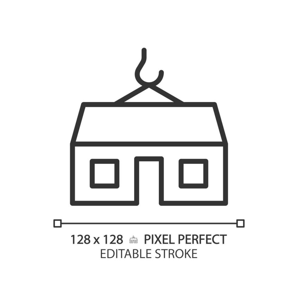 Modular home pixel perfect linear icon. Prefabricated house. Movable compact building. Property purchase. Real estate. Thin line illustration. Contour symbol. Vector outline drawing. Editable stroke