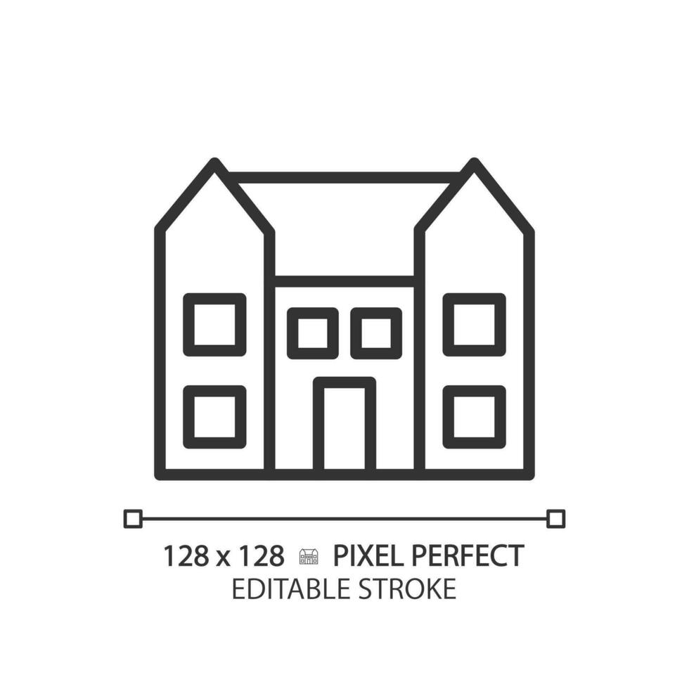 Mansion pixel perfect linear icon. Large dwelling house. Luxury real estate. Purchase expensive property. Residence. Thin line illustration. Contour symbol. Vector outline drawing. Editable stroke