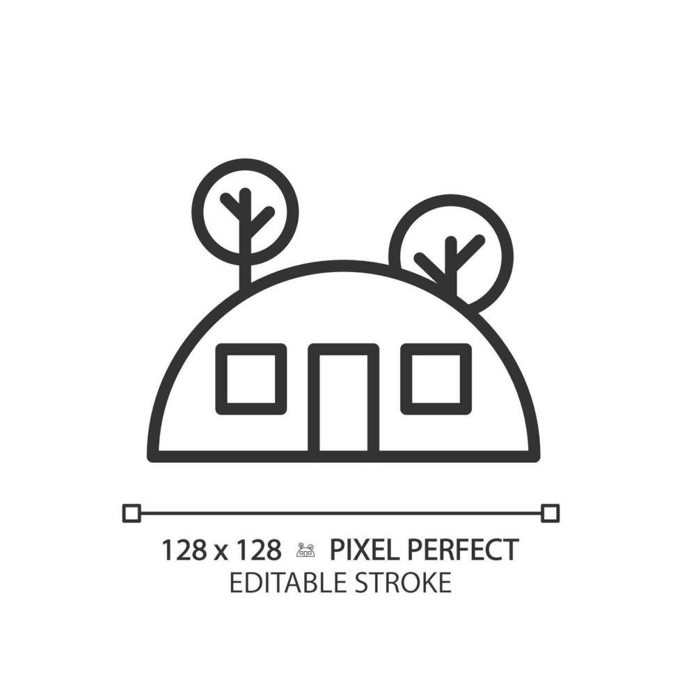 Underground house pixel perfect linear icon. Alternative dwelling. Purchase real estate. Bunker. Eco friendly living. Thin line illustration. Contour symbol. Vector outline drawing. Editable stroke